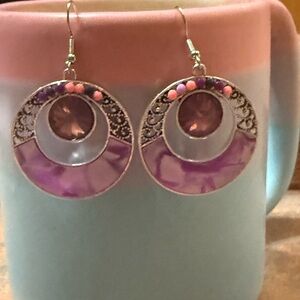 NWOT Elegant Purple Gemstone Filigree Circle Dangle Earrings